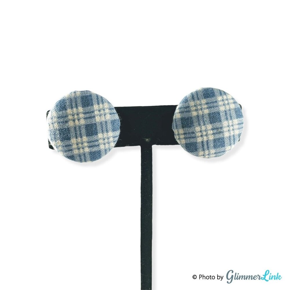 Vintage Blue Plaid Tartan Button Clip On Earrings